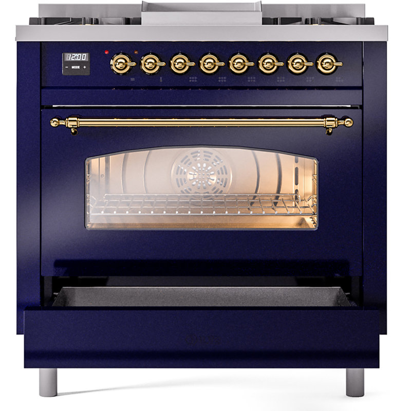 ILVE Nostalgie II 36 Dual Fuel Range, knobs, Midnight Blue/Brass, Liquid Propane