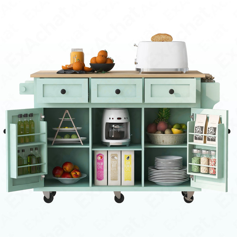 Kitchen Cart With Rubber Wood Drop-Leaf Countertop ,Cabinet Door Internal Storage Racks,Kitchen Island On 5 Wheels With Storage Cabinet And 3 Drawers For Dinning Room, Mint Green