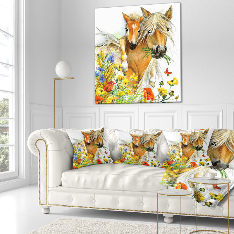 Cheval et poulain avec fleurs - Coussin imprimé animal, 18 po x 18 po, Coussin décoratif