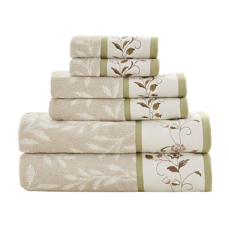 Embroidered Cotton Jacquard 6 Piece Towel Set, Green