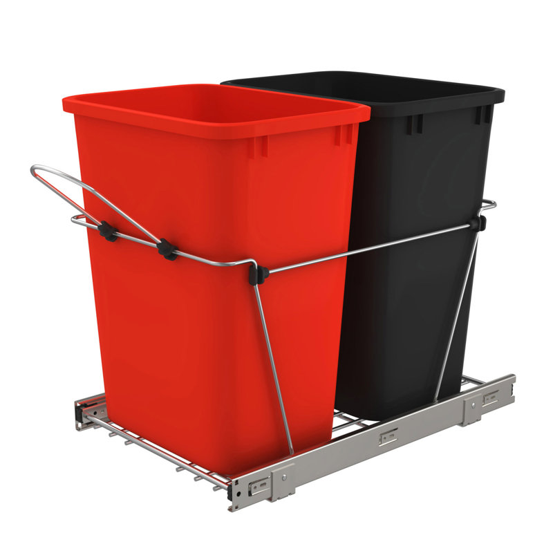 Double Sliding Pull-Out Waste Bin Containers, Red/Black, 19.25" H x 14.38" W x 22" D, 8.75