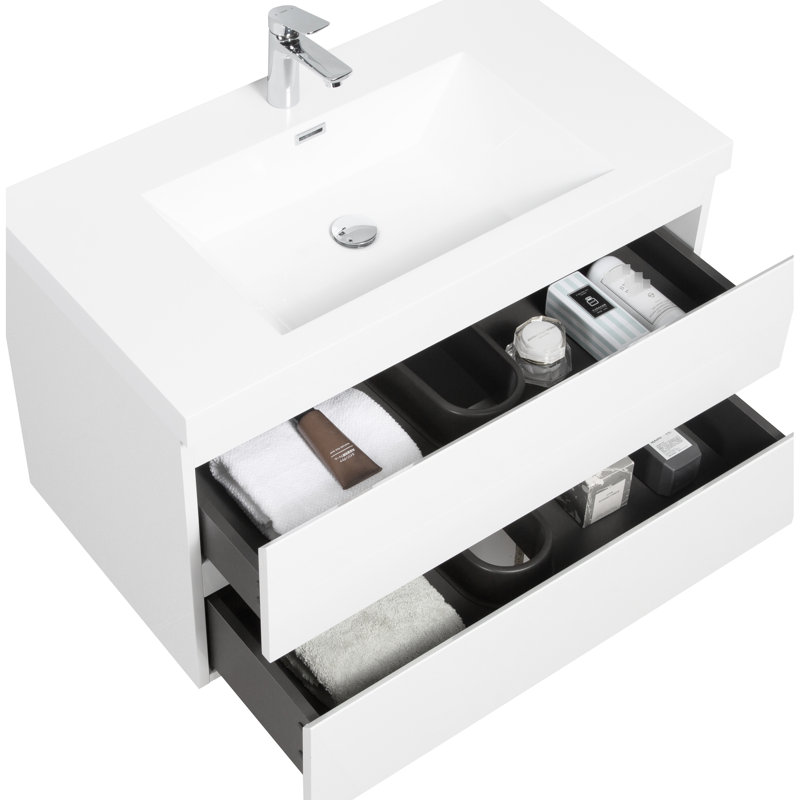 Meuble-lavabo flottant 36 po avec lavabo, plateau en résine blanc brillant moderne et tiroirs à fermeture en douceur, comptoir Essentials Irresistible Desire