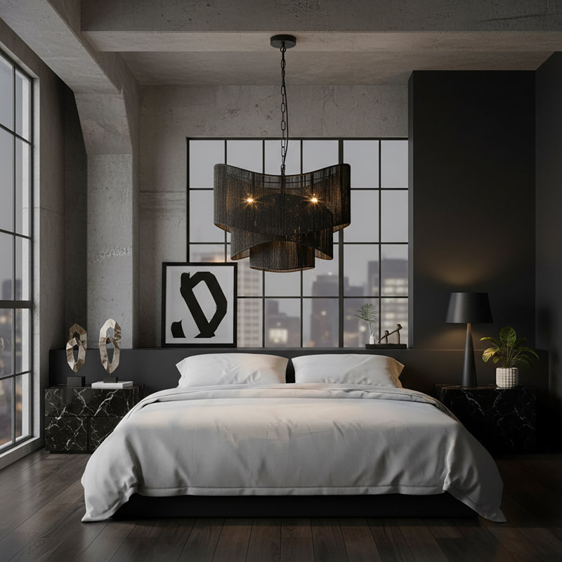 Lustre sculpté en rotin 3 lumières Sienna, Matte Black