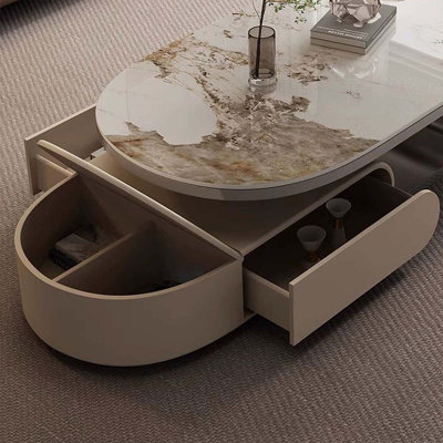 Image de couleur pierre et table basse ovale en bois manufacturé