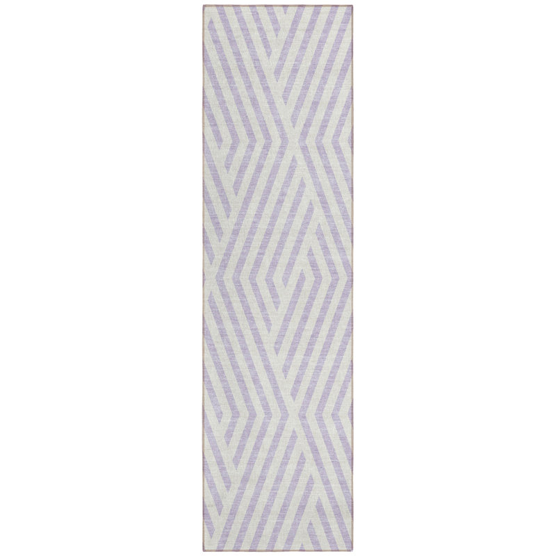 8' Runner Lavender and Ivory Geometric Washable Non Skid Indoor Outdoor Runner Rug