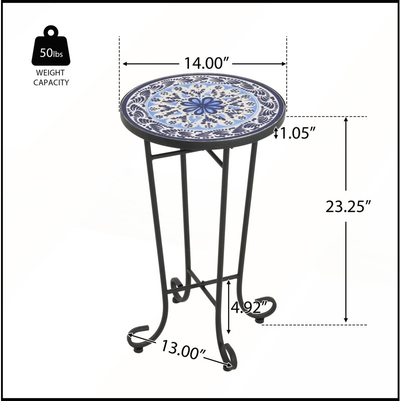 Table d'appoint de patio avec dessus en tuiles, structure incurvée en acier thermolaqué, style campagne française