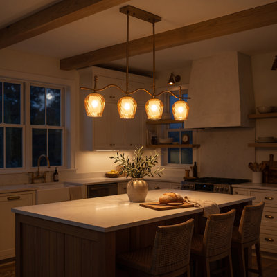 Lustre linéaire à 3 lumières / 4 lumières pour îlot de cuisine, luminaire suspendu en forme de vague d'or antique brossé à la main avec double abat-jour tourbillonnant et abat-jour en verre blanc givré pour la salle à manger