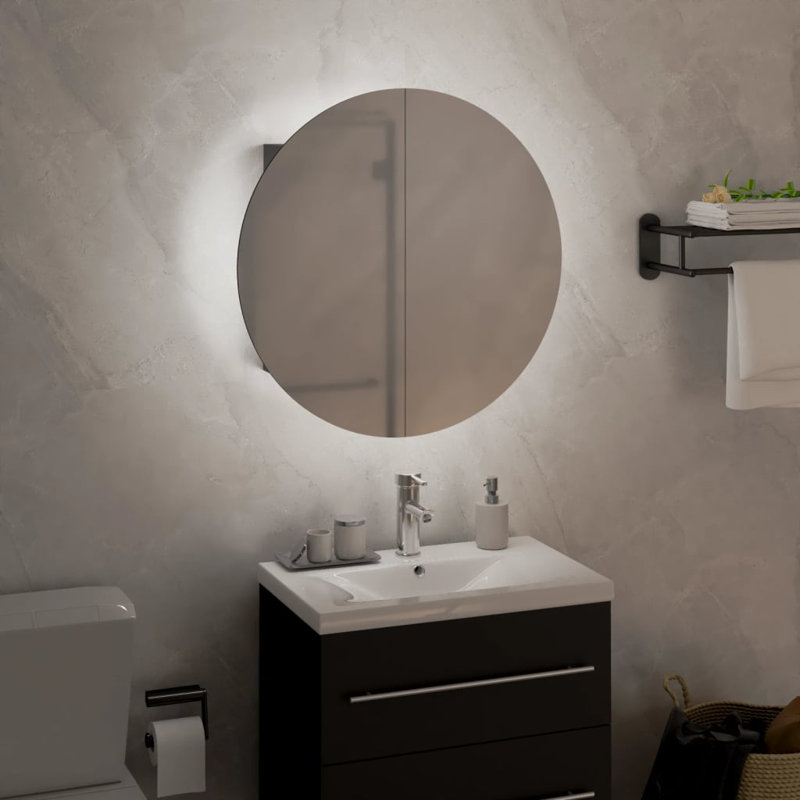 Latitude Run® Bathroom Cabinet With Round Mirror&LED Black 18.5"X18.5"X6.9", gris, 15.7" x 15.7" x 6.9"