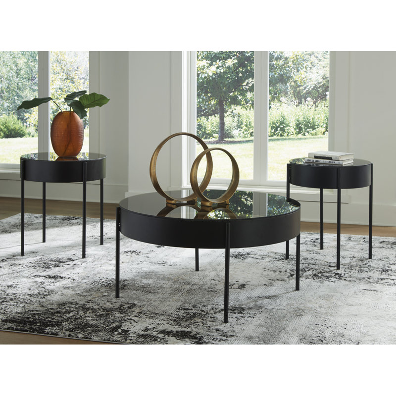 Black Metal and Glass Round Coffee Table Set