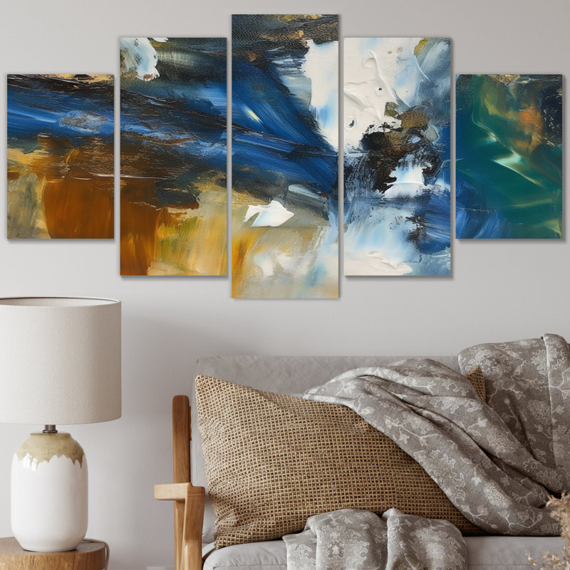 "Comfort of Knowing" abstrait bleu et or - Art mural abstrait sur toile - 5 panneaux