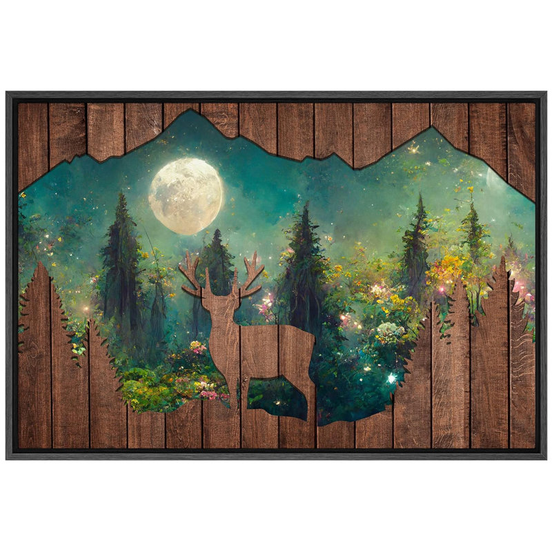 Panneau de bois effet cerf au clair de lune, paysage de forêt, œuvre d'art de la campagne / campagne, Noir