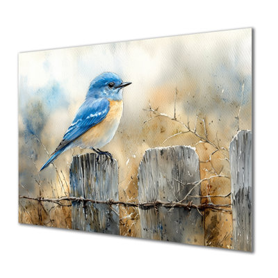 Bluebird On The Farm Fence III - reproduction d'art moderne en métal, décoration murale oiseau en métal