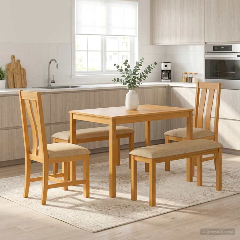 Oak Solid Wood Dining Set, Beige, Beige, Beige, Beige, 5