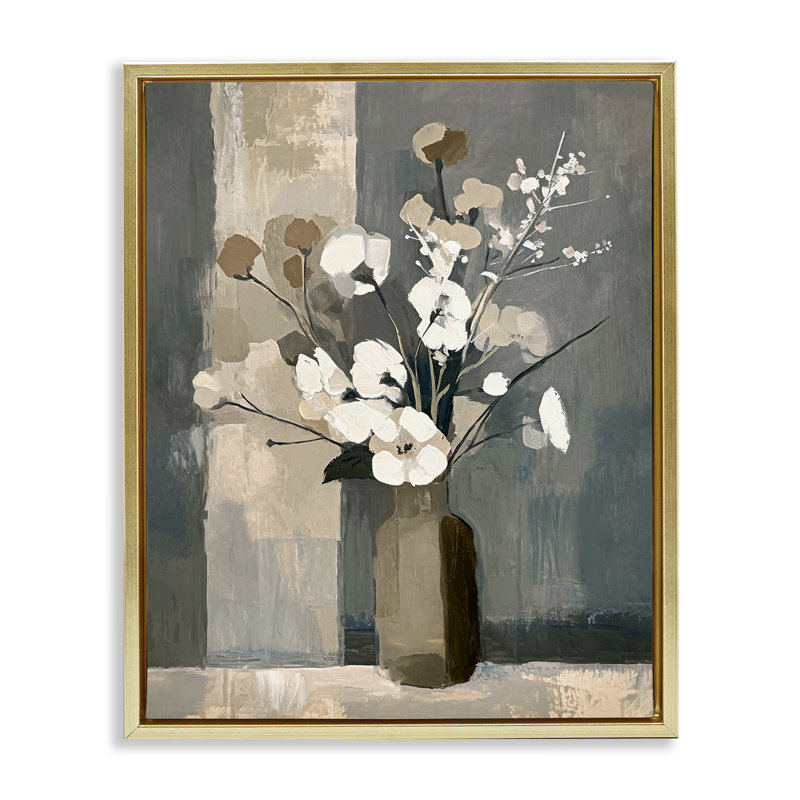 «Neutral Floral Vase» par Ramona Murdock, H 31 po x l 25 po, Cadre flottant métallique doré
