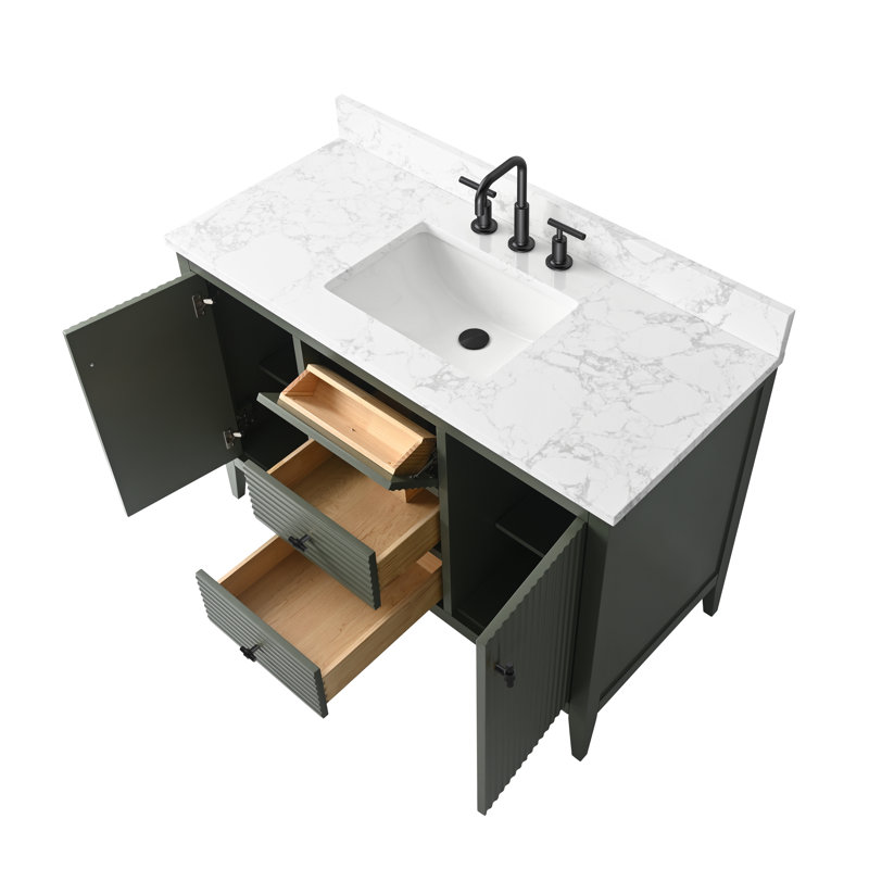 Meuble-lavabo simple 48 po avec plateau en marbre, Linéaire vert rétro, Noir mat