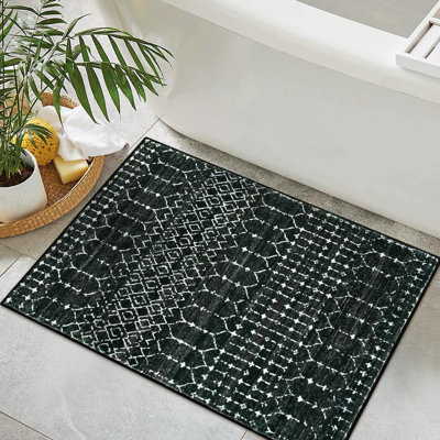 Moroccan Entry Rug 2X3, Non-Slip Washable Front Indoor Door Mat Rubber Backing Low-Profile Door Rugs, Small Geometric Print Distressed For Entryway Bathroom Kitchen, Black