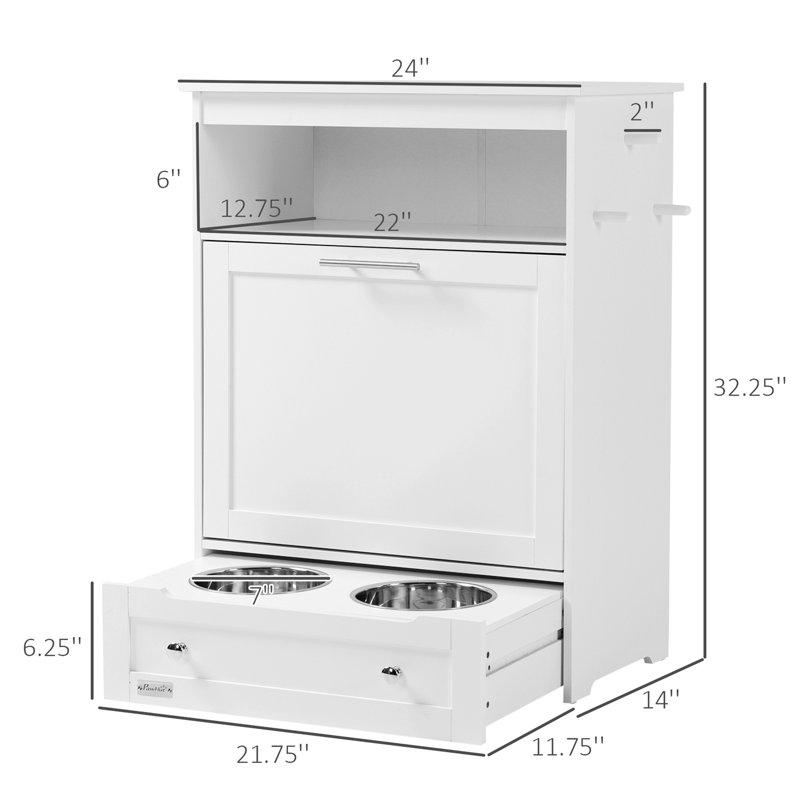White Elevated Dog Feeder Station with Storage Cabinet