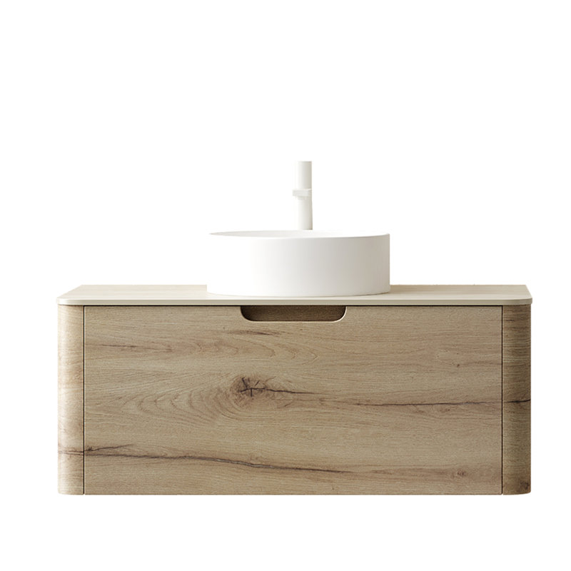 36" Bathroom Vanity With Drawer, White Round Ceramic Sink, -Pattern Sintered Stone Top, And Oak Cabinet - Water- Structure, Soft Close System, Pre-Built Unit Basin, Counter, Finish High-Performance