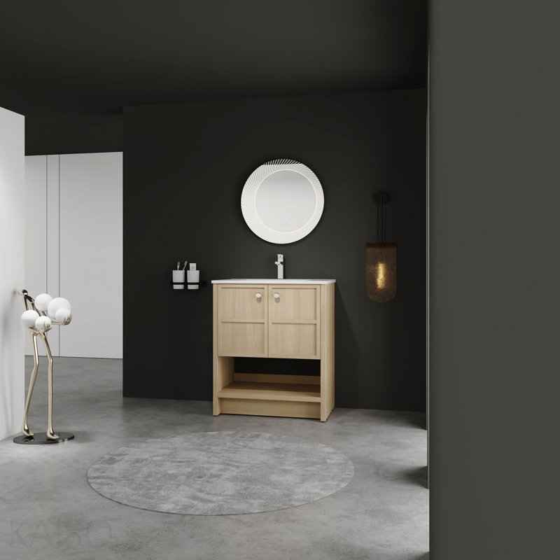 Lavabo de salle de bain autoportant 30 po en céramique, 2 portes à fermeture douce, chêne, contreplaqué