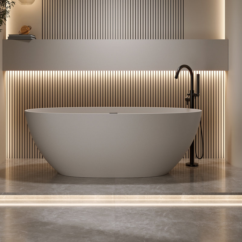 Freestanding Soaking Bathtub 55", Solid Surface Stone Resin, Modern W/overflow & Pop-up Drain, Oval, Beige