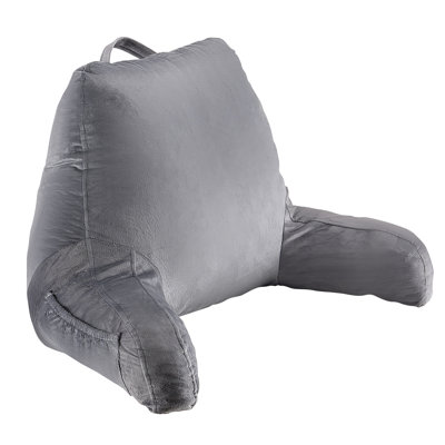 Coussin de lecture, coussin de lit de taille standard avec mousse à mémoire de forme déchiquetée, coussin de dossier avec 3 poches et tissu de velours court lavable, plateau avec poignée, pour regarder la télévision, lire, jouer, se reposer, gris