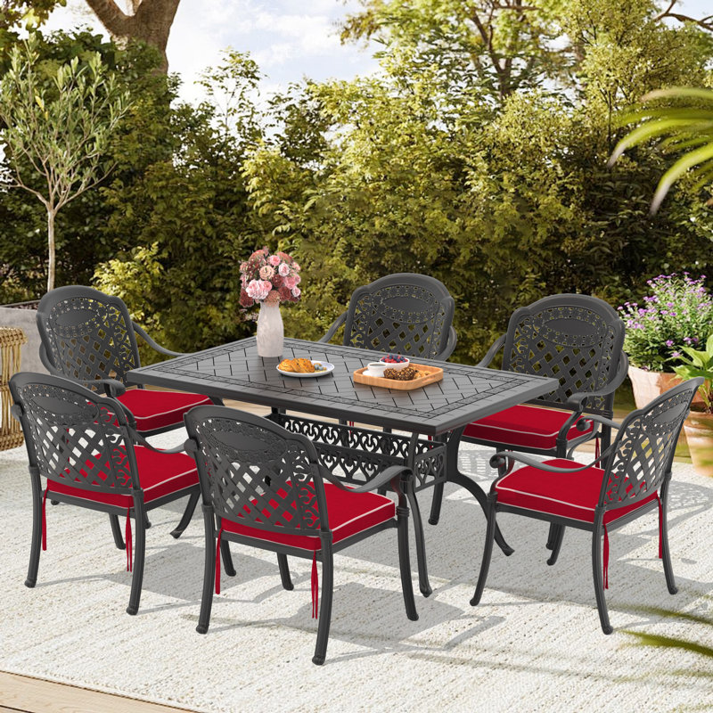 Ensemble repas extérieur pour 6 personnes avec coussins de couleur rouge