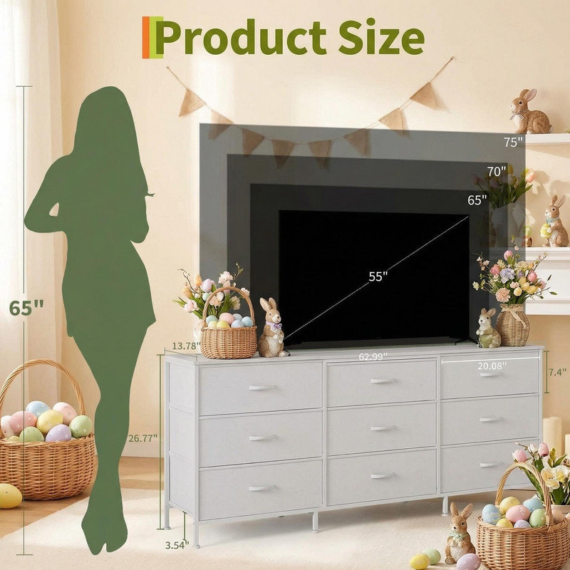 63 Inch Dresser TV Stand with 9 Fabric Drawers, Large Storage Chest for Bedroom Closet, Wide Entertainment Center for 55 65 75 Inch TV, Metal Frame & Particle Board Top
