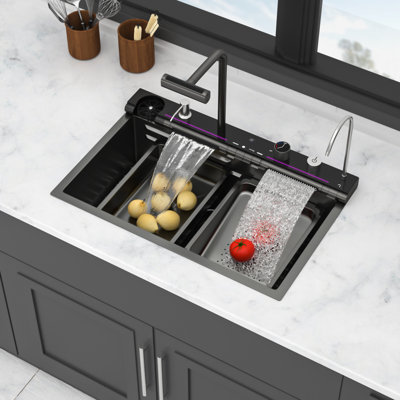 Évier de cuisine noir moderne en acier inoxydable multifonctionnel pour la maison