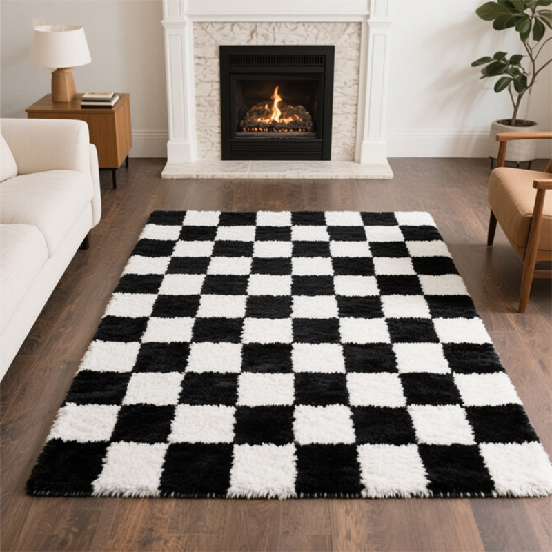 Modern Black and White Checkered Shag Rug, Soft Plush Carpet for Living Room, Bedroom and Dorm, Rectangle 4' x 6'