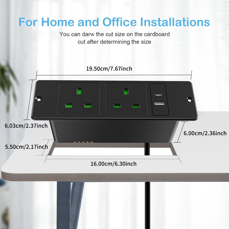 Recessed Power Strip Uk, 2 Way Uk Outlets With Usb C & Usb A Ports, Flush Mount In Desk Power Socket For Office Home Hotel