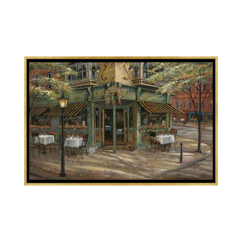 Mandi's Café par Ruane Manning - reproduction d'art, Aucun mat, Toile encadrée d'or, H 32 po x l 48 po x 1,5 po
