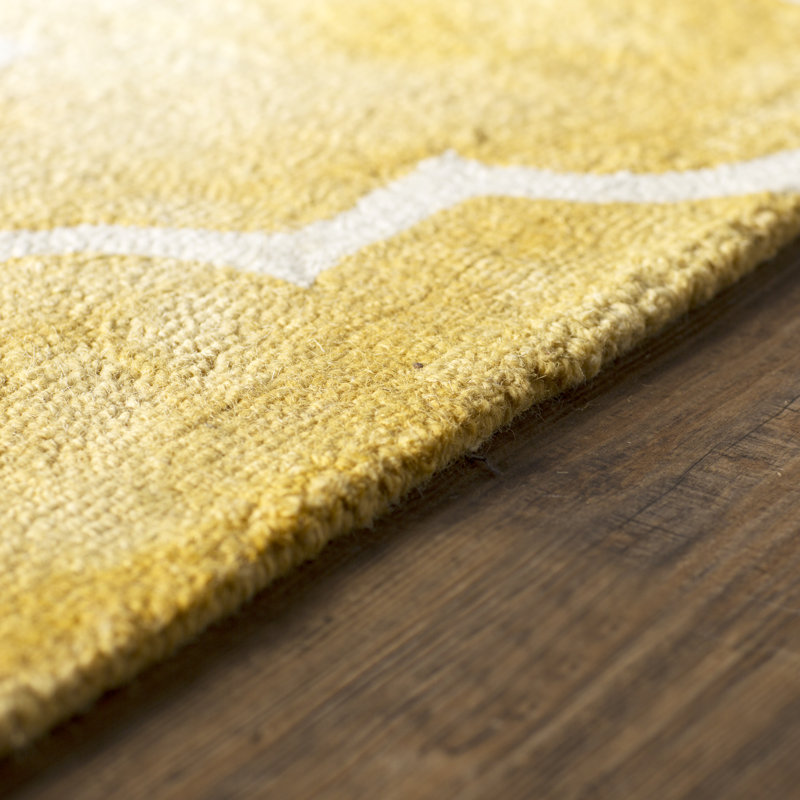 Tapis en laine touffeté à la main à motif géométrique jaune / ivoire, Rectangle 5 pi x 8 pi