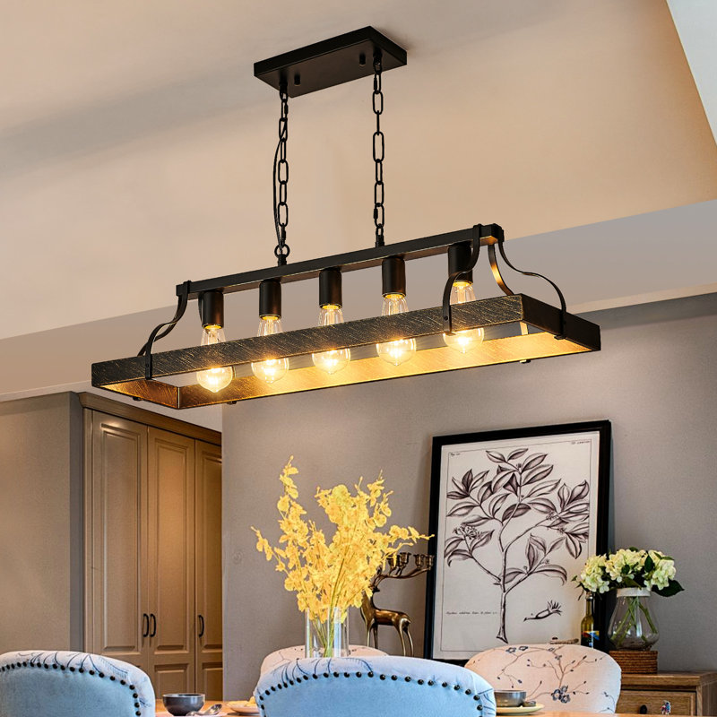 Luminaire suspendu vintage noir doré de 34 pouces - 5 douilles E26, chaîne de suspension réglable pour la salle à manger, douilles d'ampoules de cuisine, cuisine, salle à manger, salon