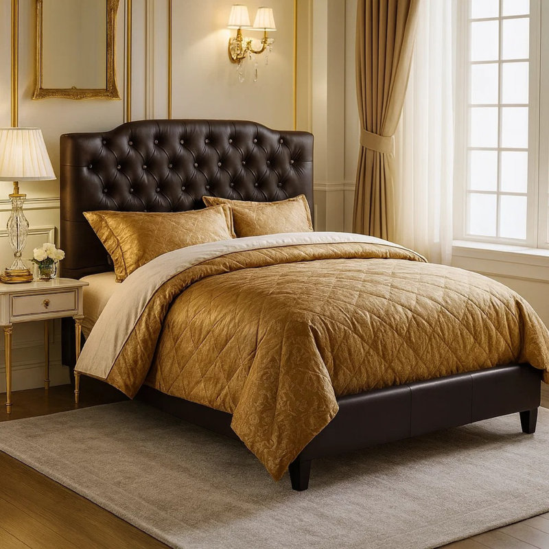 Emidia Solid Wood Tufted Upholstered Platform Bed, Full