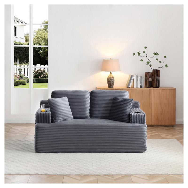 Canapé de sol en velours côtelé de 169 cm avec porte-gobelet et poches latérales, canapé 2 places sans dossier avec coussins pour salon, gris