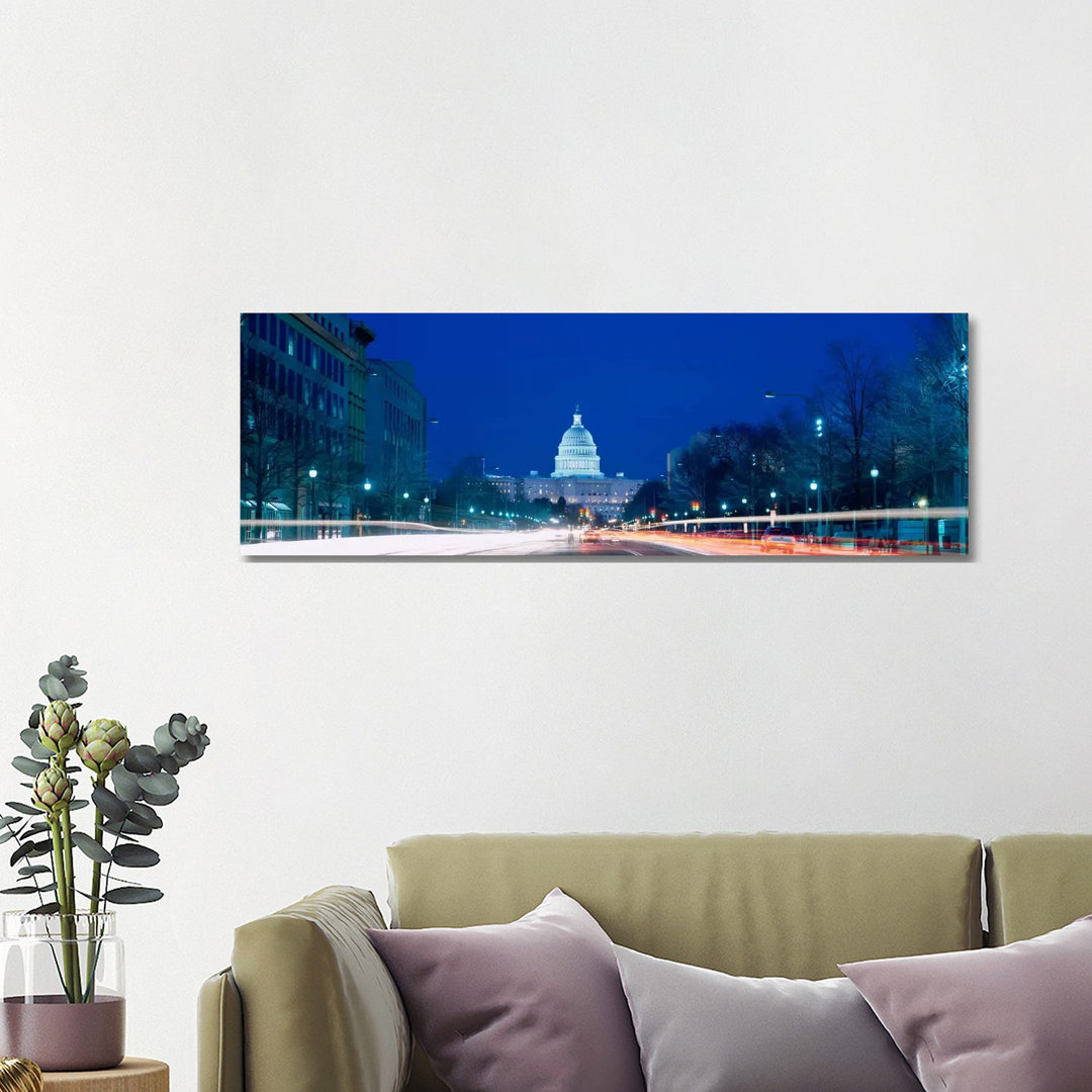 Government Building Lit up at Dusk, Capitol Building, Pennsylvania Avenue, Washington DC, USA - Wrapped Canvas Panoramic Photograph