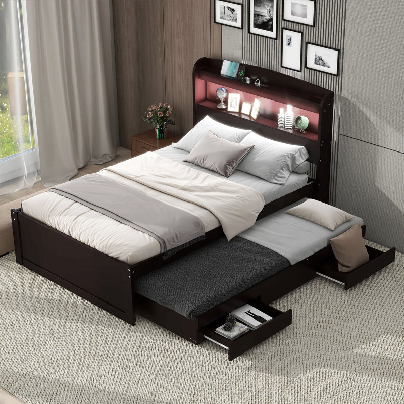 Bed With Trundle, Drawers and Outlet, Brown, Twin