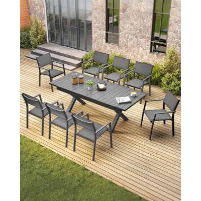 Expandable Outdoor Dining Table for 8, Never-Rust Aluminum Patio Dining Table, 63''-83'' X-Shaped Extendable Dining Table with Umbrella Hole for Garden Deck Indoor or Outdoor Meals, Black