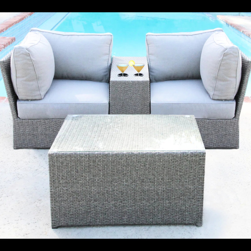 All-Weather 2 Sectional Seating Group With Cushions, Fully Ready Outdoor , Modular In Two Parts, Side Table Convenient Cupholders, Glass-Topped Coffee , Comfortable Foam Table, No Assembly Needed