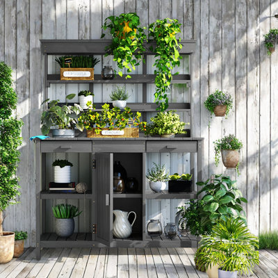 Large Outdoor Farmhouse Wooden Potting Bench Table With 2 Drawers, A Cabinet And Open Shelves