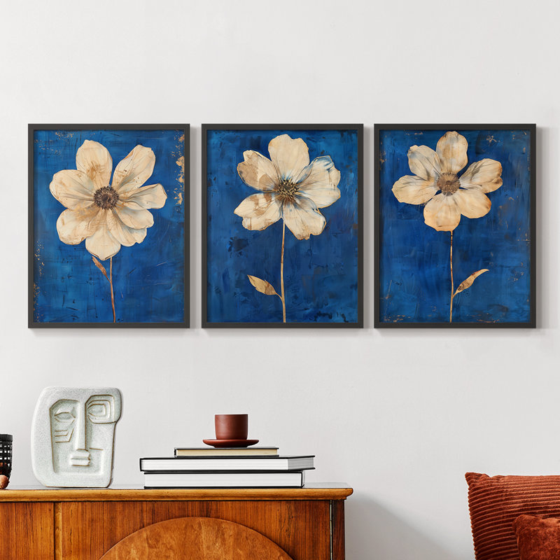 Étude florale, série XXVI, ensemble de 3 estampes numériques, prêt à accrocher, Noir, noir, noir, noir, H 10 po x l 24 po