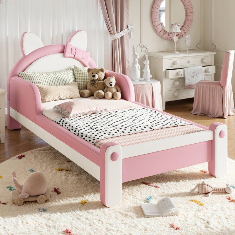 Lit plateforme simple tapissier simple en forme de chat pour enfant, cadre de lit pour enfant à profil bas de style princesse pour lit, blanc et rose