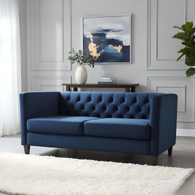 Button Tufted Velvet 3-Seater Sofa with Square Arms and Tapered Wood Legs