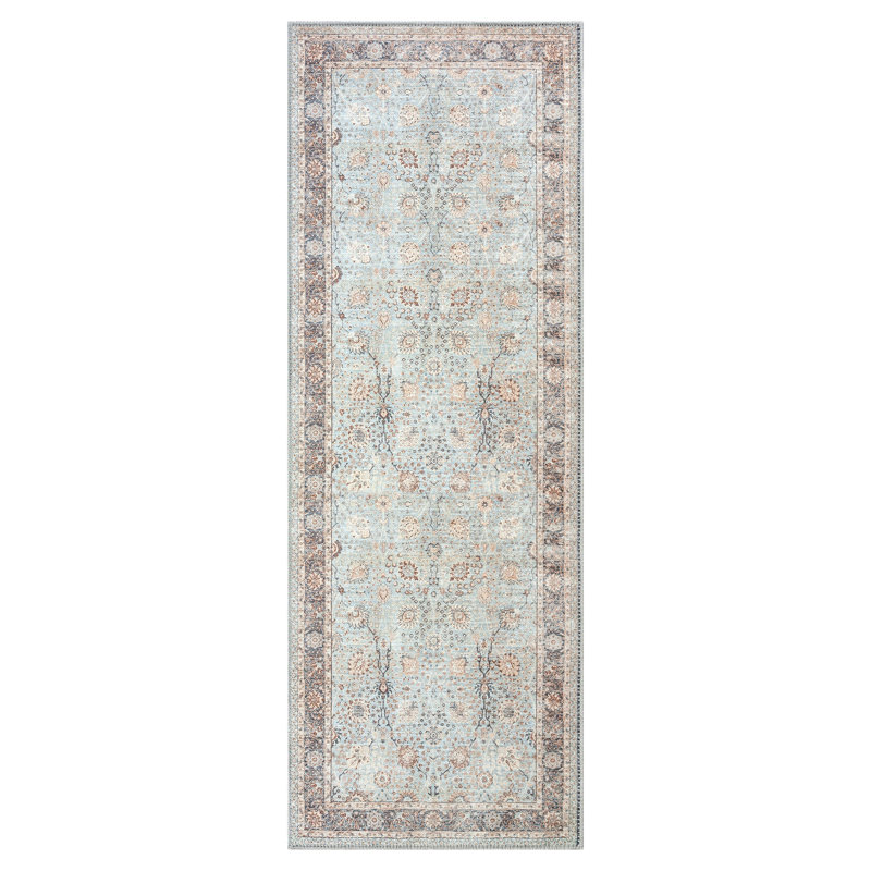 GLN Rugs Traditional Collection - Machine Washable Area Rug, Traditional Washable Rug, Non Slip Washable Rug, Low Pile Chenille Living Room Rug, Bedroom Rug, Kitchen Rug (Blue Floral Rug)