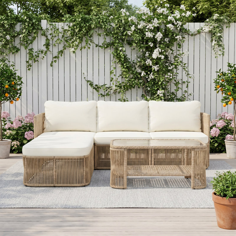 Ensemble de conversation d'extérieur en rotin PE 4 pièces - Canapé modulaire en osier, coussins à haute résilience et table basse avec plateau en verre