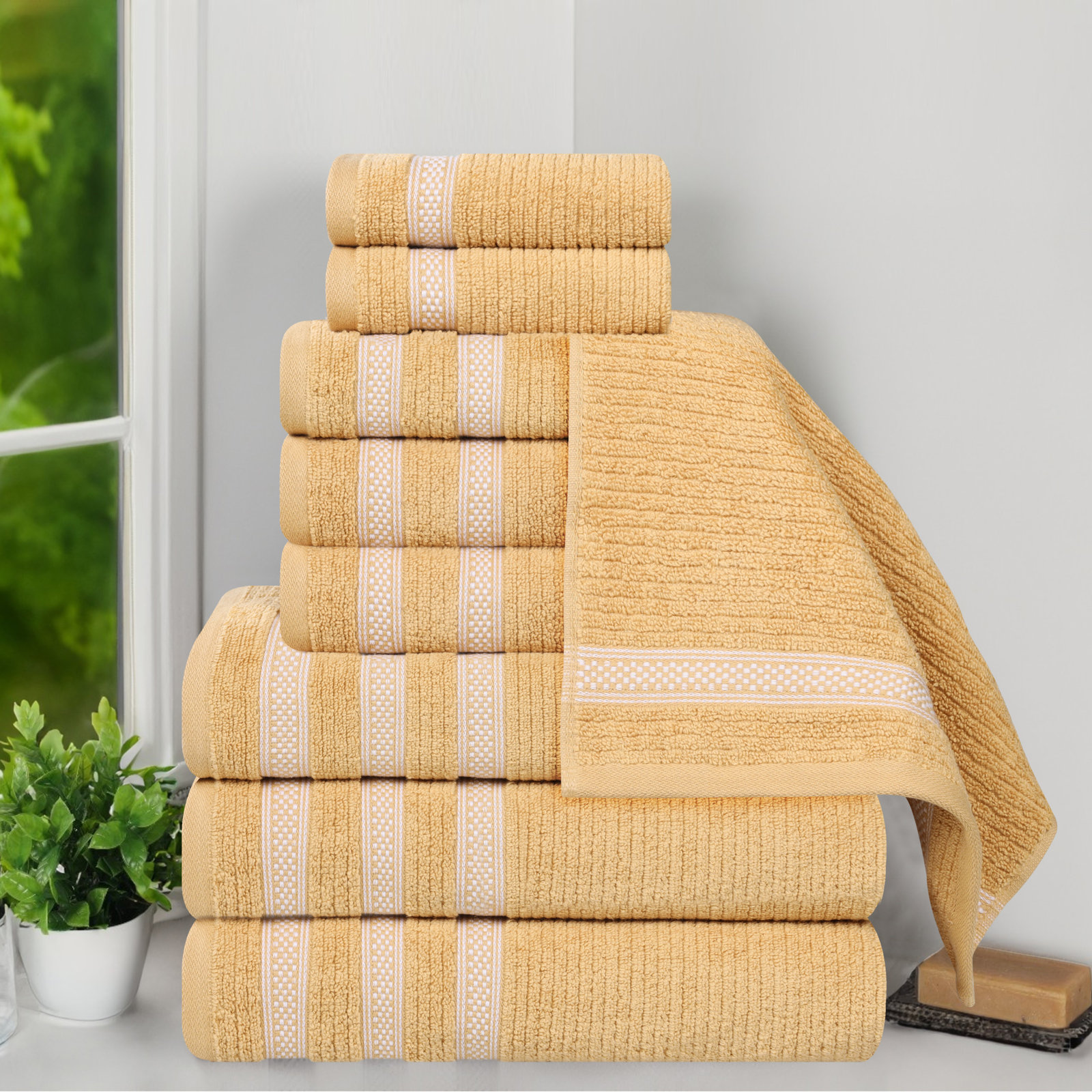 9-Piece Geometric Zero-Twist Cotton Towel Set, Gold, 9PCs set: (3 Face, 3 Hand & 3 Bath towels)