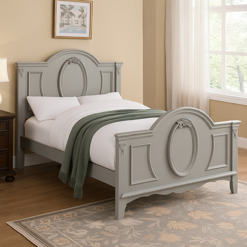 Auri Bed, Arch Headboard, Rope Molding W Floral Motifs, Gray, Full