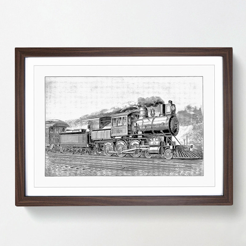 Locomotive Illustration in Black and White - Picture Frame Drawing Print, 27cm H x 36cm W x 2cm D, Walnut Framed
