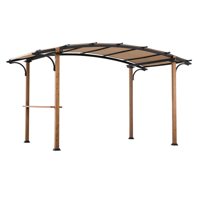 Sunjoy Steel Arched Pergola with Tan Canopy and Wood Finish