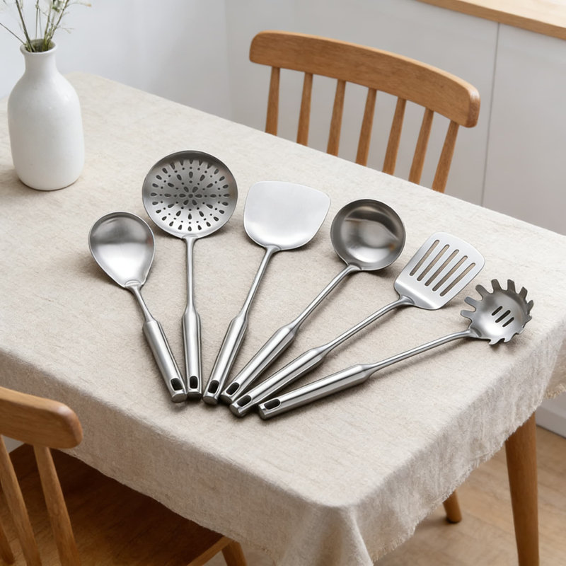Ensemble d'ustensiles de cuisine 6 pièces en acier inoxydable - Spatule Wok, louche, écumoire, cuillère à pâtes, cuillère de service, tourneur à fentes - Outils de cuisine allant au lave-vaisselle